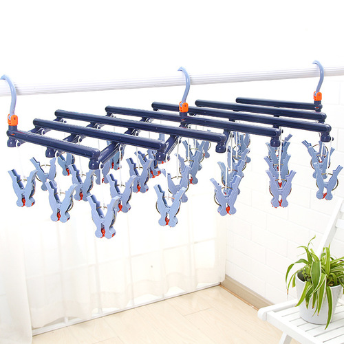 29-clip roller second-fold clothes drying rack windproof multi-head foldable telescopic multi-functional plastic creative clothes drying rack