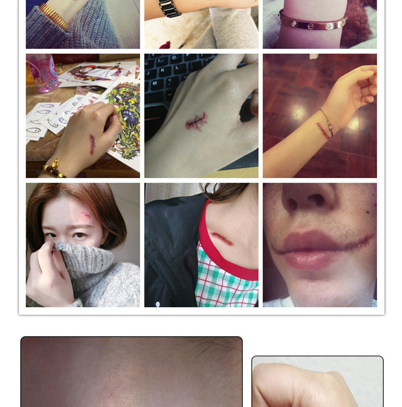 15g Weight Halloween Festival Unisex Gender Tattoo Sticker Waterproof Scar Needle Stiched Prank Sticker Halloween Horror Wound Realistic Blood Wound Scar 4