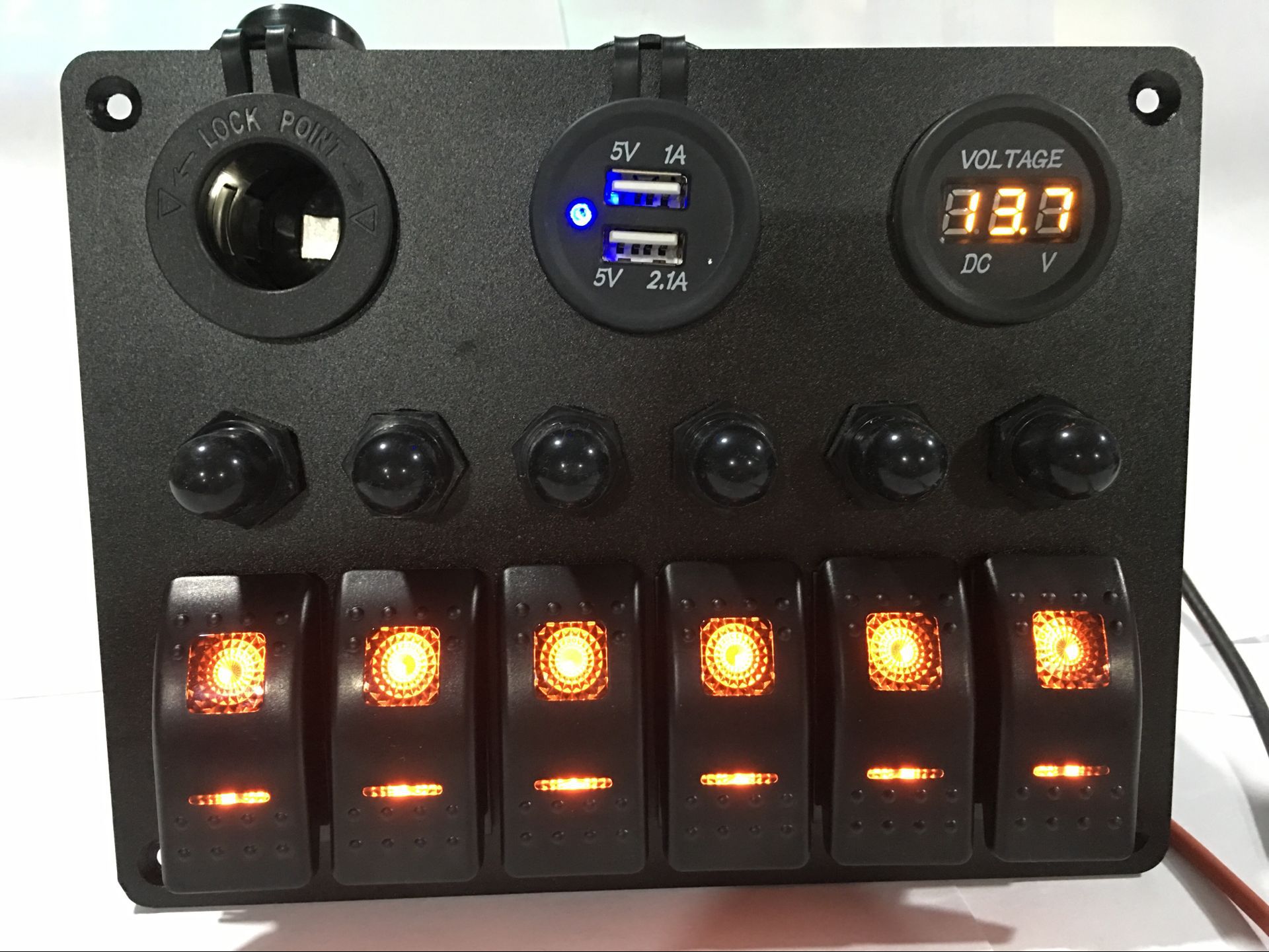 汽车改装6位开关组合面板 带断路器过载保护+USB/充电座/电压