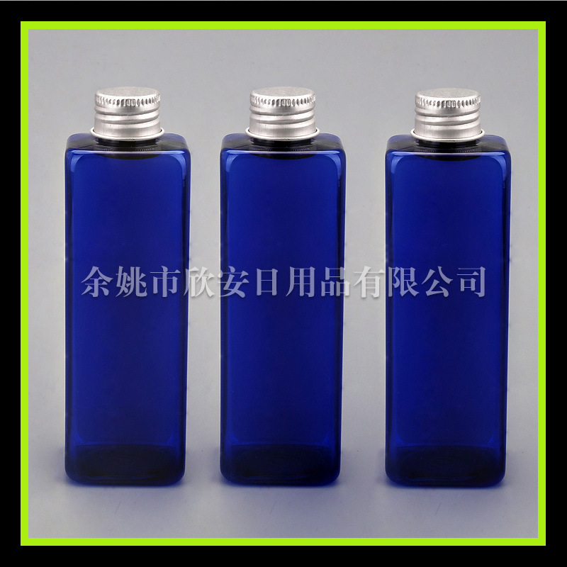 250ml方形蓝色铝盖瓶 方形纯露塑料瓶 玫瑰水pet瓶