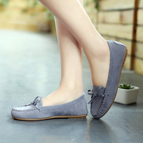 2019 New European and American Bowknot Tassel Cowhide Soft Bottom Flat Low Heel Single Shoes Round Toe Bean Shoes Pregnant Women's Shoes 
