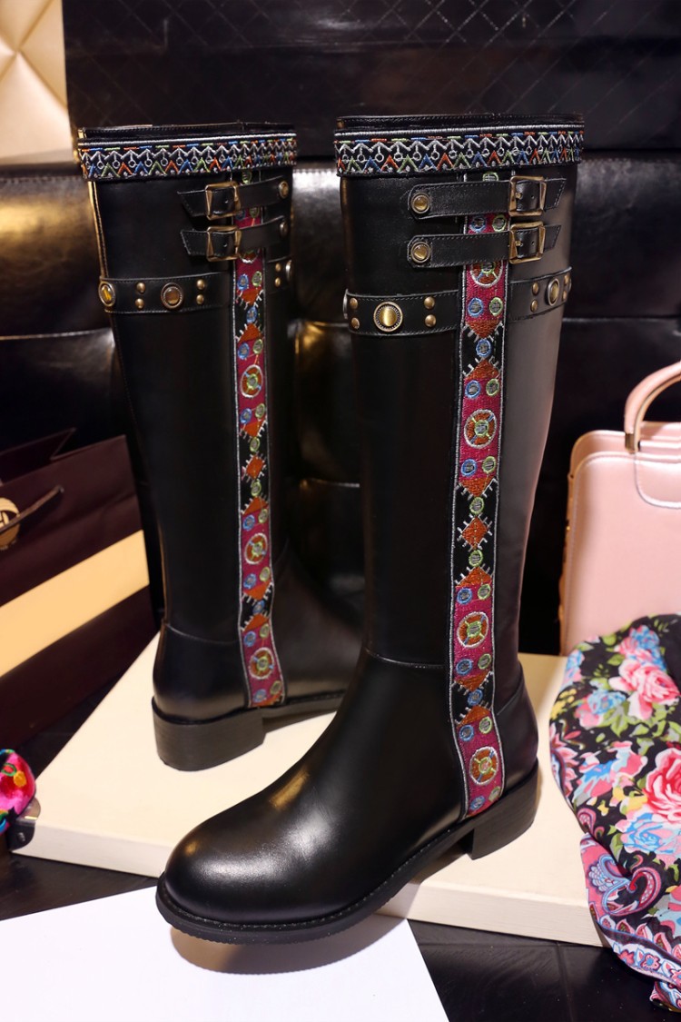 2016秋冬季新款民族風刺繡花邊皮帶扣騎士靴高筒靴子真皮女靴
