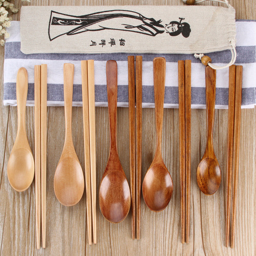 Japanese style log chopsticks spoon set student portable creative tableware engraved chopsticks gift set