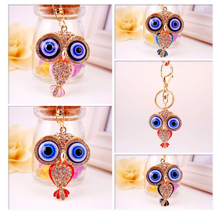 46g Weight Alloy, Metal Material Owl Pattern Unisex Gender Pink, Red, Blue, Black Color Korean  Creative Cute Cartoon Big-eyed Cute Owl Diamond Keychain 1