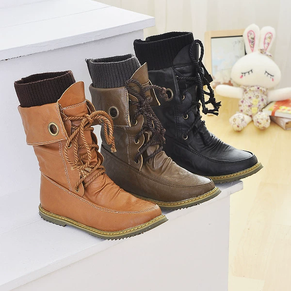 Весной и осенью новые модные сапоги на плоской подошве до середины икры Ботинки Martin студенческие женские ботинки на шнуровке оптом Агент Внешняя торговля трансграничная