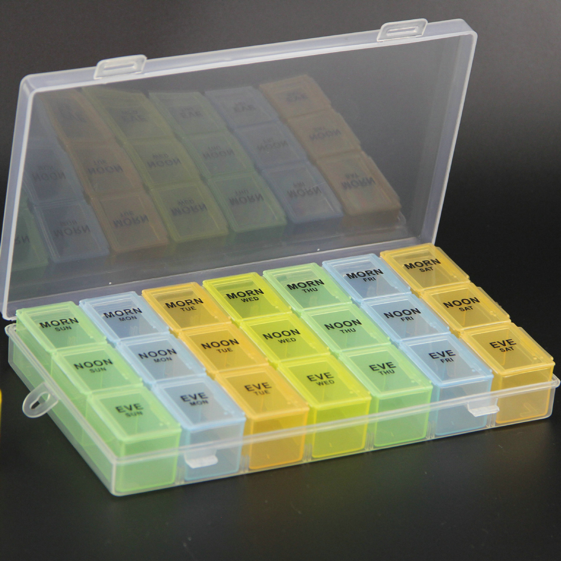 一周21格英文分格服药盒提示收纳展示便携大容量储物盒818药品