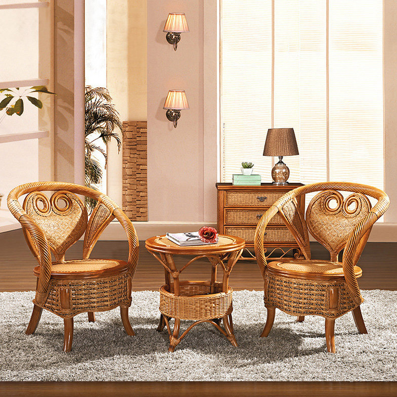 绿欣轩 藤椅茶几三件套 真藤休闲椅户外家具 阳台桌椅组合9059|ms