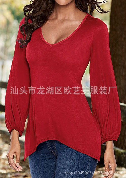 Irregular Lantern Sleeve V Neck Top Sexy Backless Design Spring Fashion for Women Wholesale Available