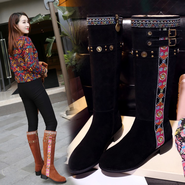 2016秋冬季新款民族風刺繡花邊皮帶扣騎士靴高筒靴子真皮女靴