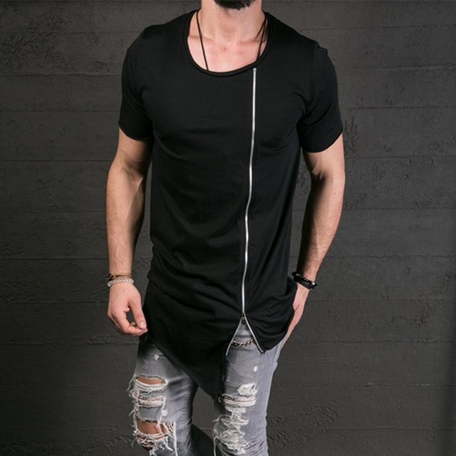 Men’s chest zipper high street short sleeve hip hop T-shirt with irregular bottom in spring and summer solid color top