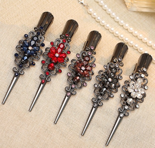 韩版新款复古大号水钻金属牛角夹头饰鸭嘴夹水晶发夹发饰批发|ru