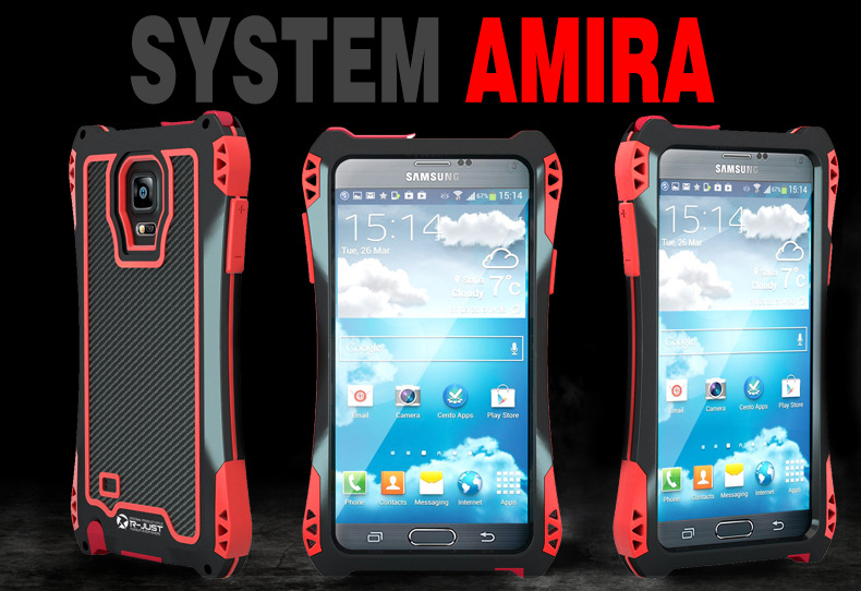 R-Just Amira Heavy Duty Dirtproof Shockproof Rainproof Aluminum Metal Bumper Carbon Fiber Back Cover Case for Samsung Galaxy Note 4 N9100