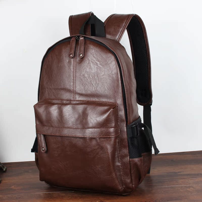 韩版休闲双肩包PU皮学院风学生背包潮男包一件代发