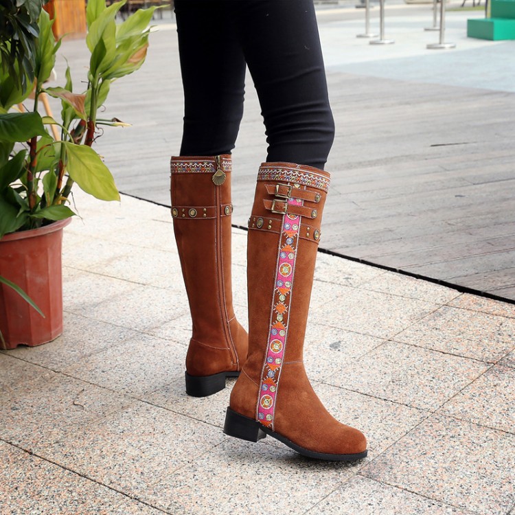 2016秋冬季新款民族風刺繡花邊皮帶扣騎士靴高筒靴子真皮女靴
