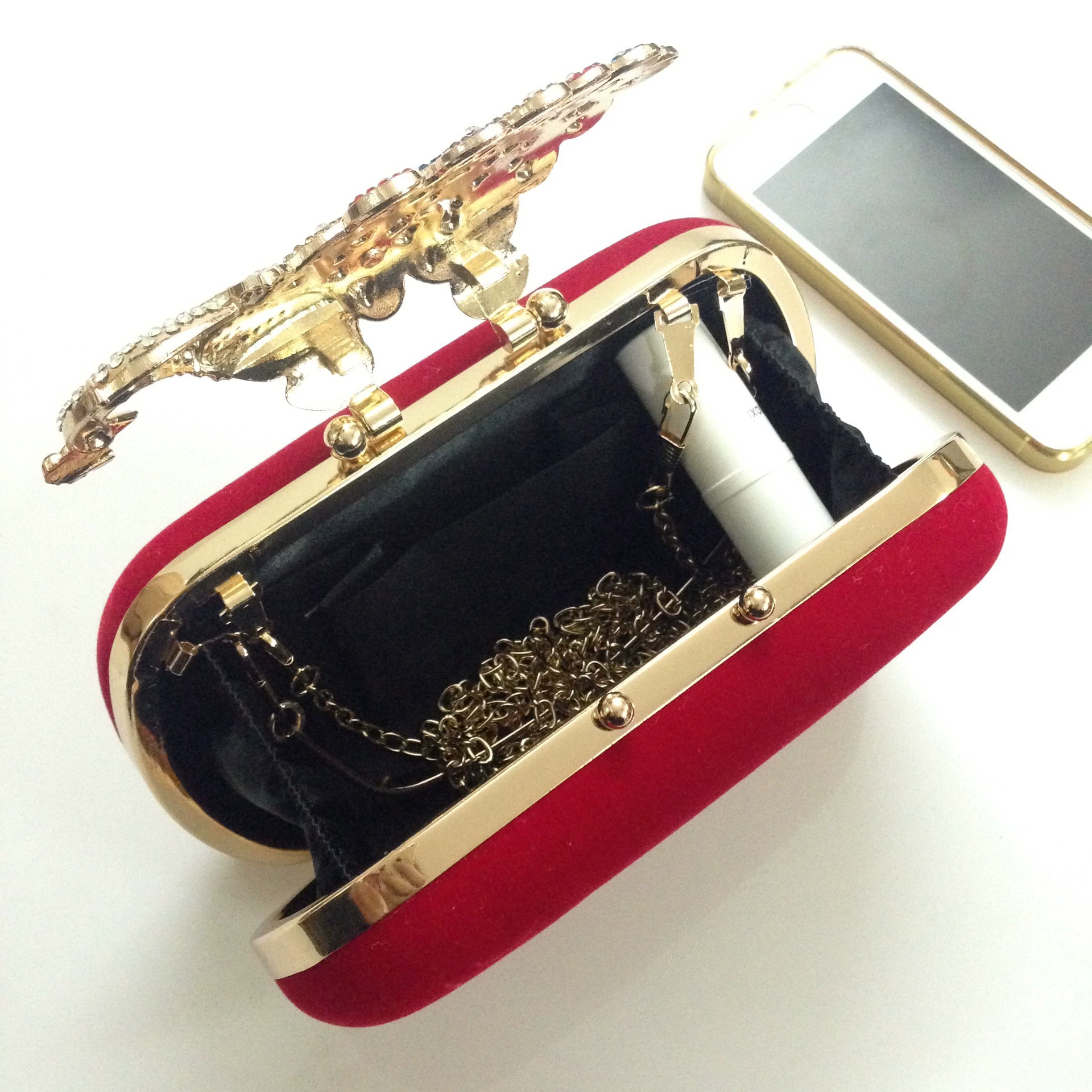 Colorful velvet dress, cheongsam, red small clutch bag for bride, peacock, food bag, European style