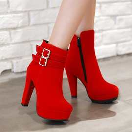 厂家红色女靴婚鞋新娘高跟短靴小码靴子30-33大码40-48外贸