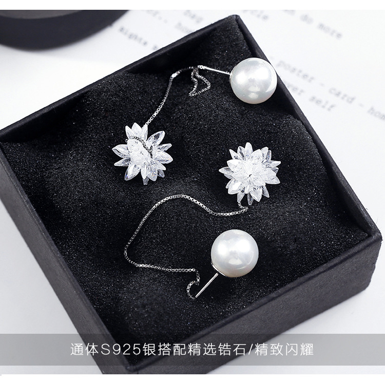 S925 pendientes de plata esterlina estilo coreano moda Flor de hielo pendientes de perlas de doble cara pendientes de mujer