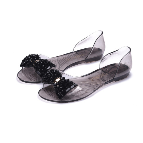 New Transparency sandals for women, summer flat jelly shoes with glass drill bow tie fashion shoes, plastic fish mouth shoes