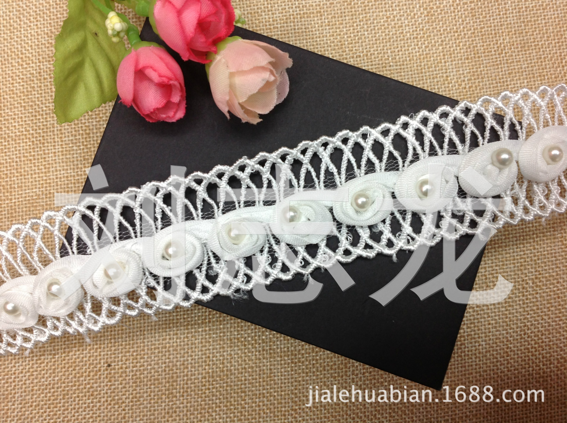 现货供应 网状涤纶花边结合雪纺螺定6厘圆珠花边 高档服饰辅料