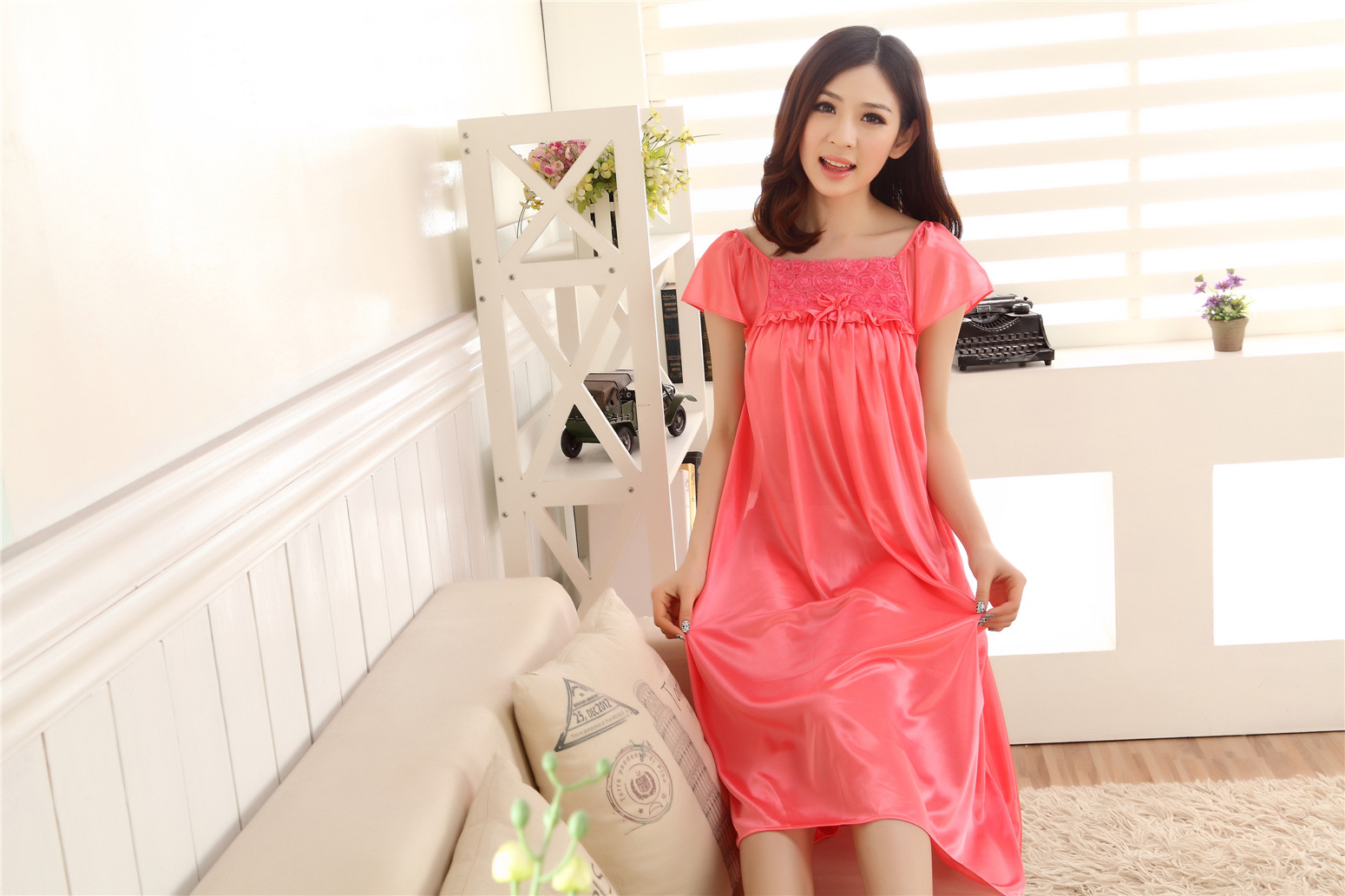 Women Sleepwear Pajamas Long Skirt Silk Comfortable Wear 4 Colour