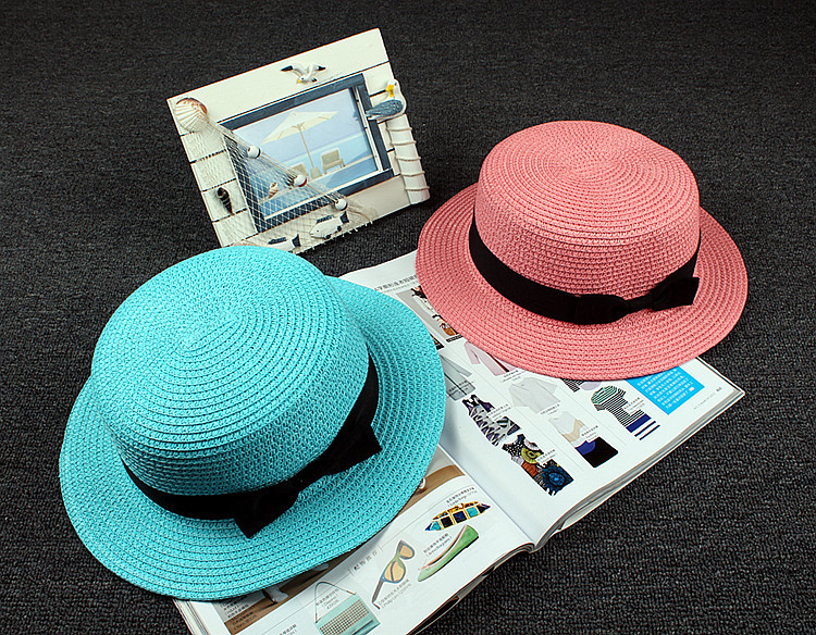 Korean Straw Hat Sun Hat Trendy Women Summer Bow Straw Flat Top Hat display picture 3