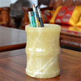 米黄玉笔筒白玉笔筒摆件书房办公桌工艺品玉摆件饰品