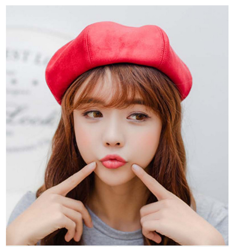 批发采购帽子-韩国女秋冬英伦时尚麂皮绒画家