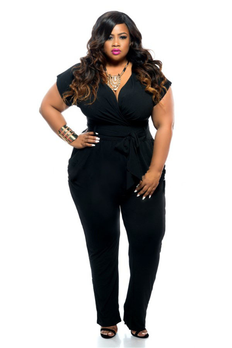 Plus size V-neck stretch solid color jumpsuit NSLM33284