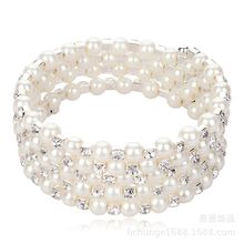 供应欧美时尚5排珍珠手环手链异国情调镶钻弹力手镯新娘婚纱手饰