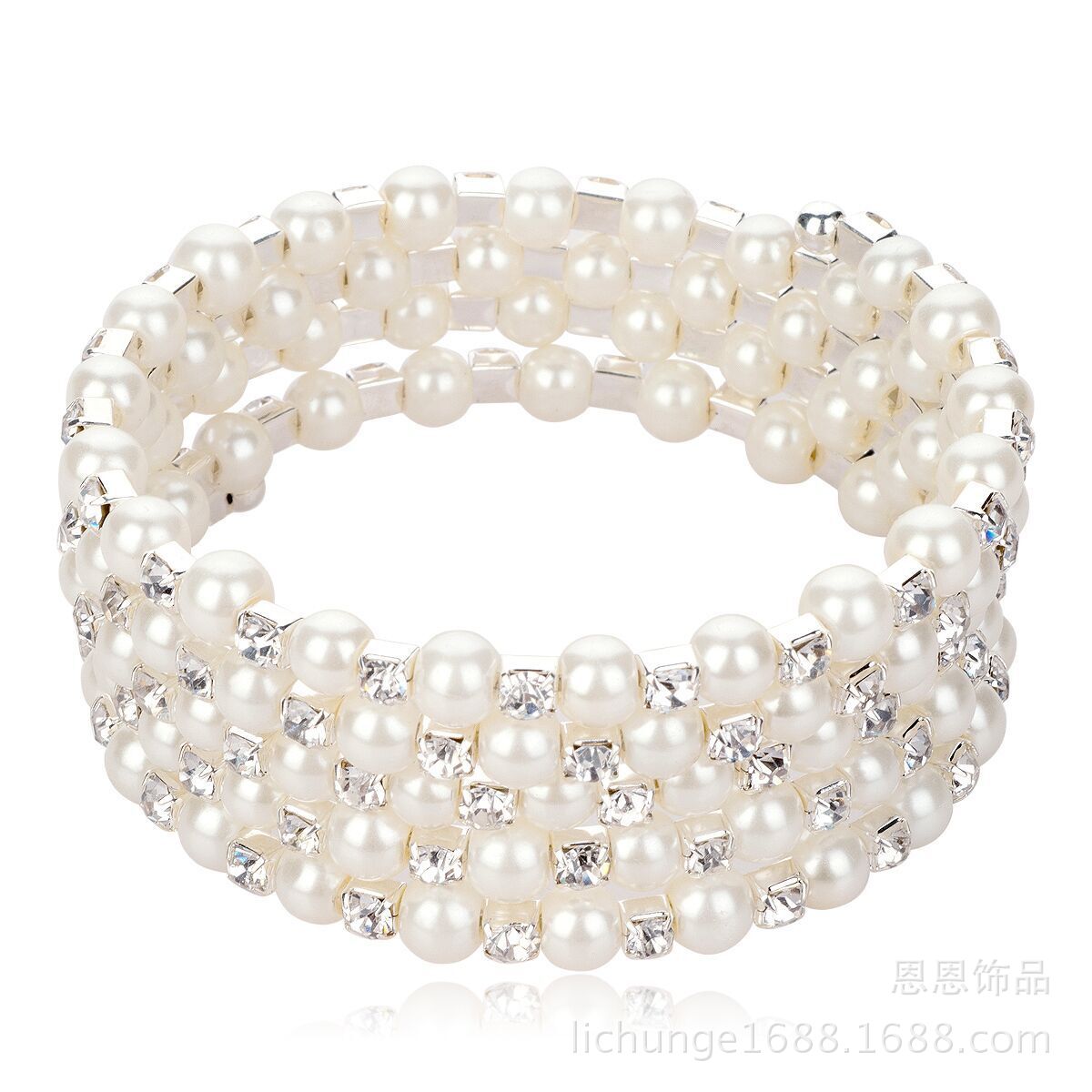 供应欧美时尚5排珍珠手环手链异国情调镶钻弹力手镯新娘婚纱手饰