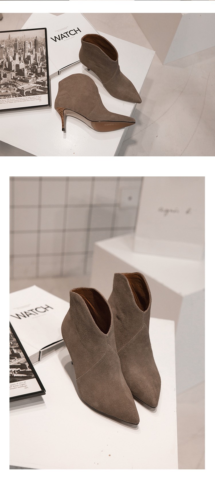 韩版尖头高跟短靴女真皮裸靴秋冬短筒靴子及踝靴冬季细跟高跟鞋_