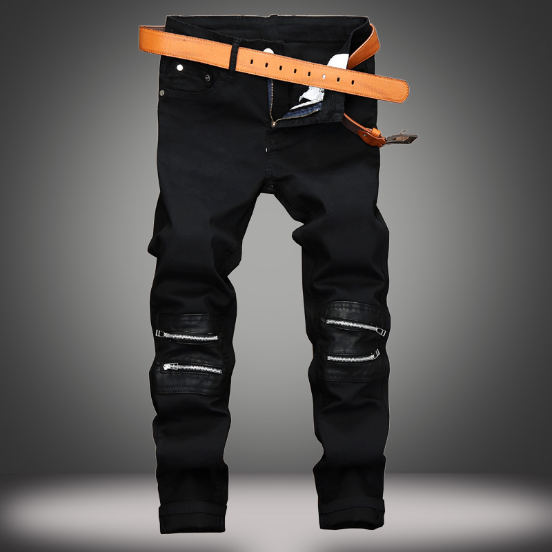 Cross-border supply foreign trade black zipper decorative casual pants men's elastic patch slim straight European and American nightclub fashion Men