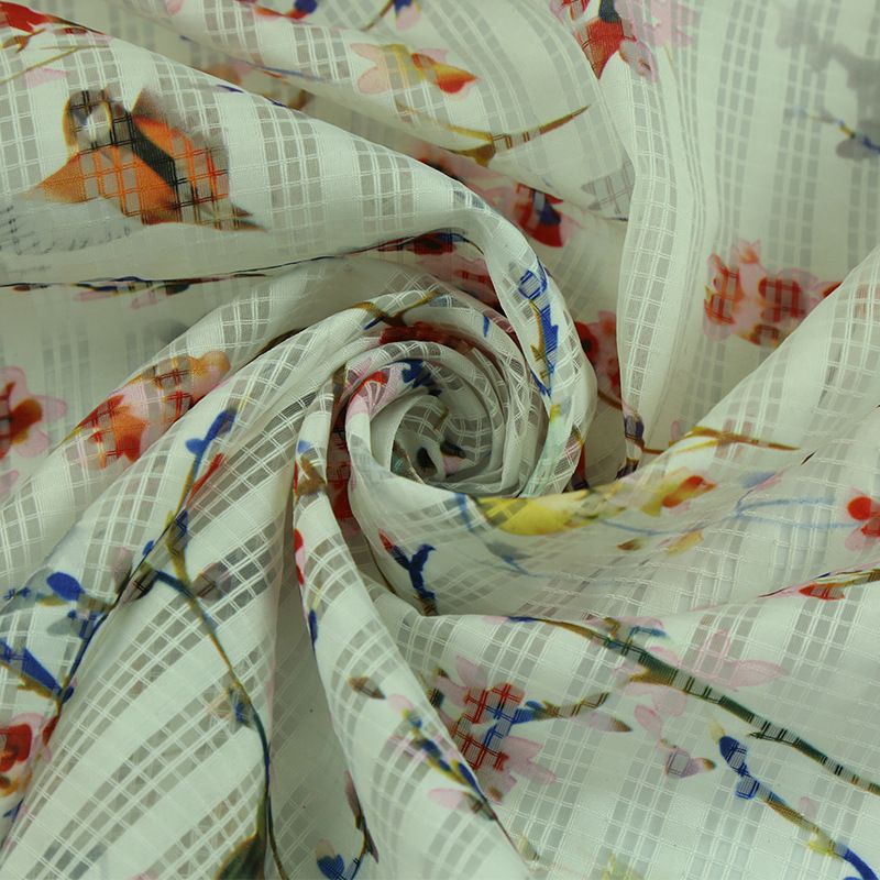 田字格欧根纱小鸟梅花印花