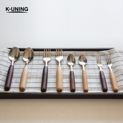 日式榉木A大小匙叉勺子原木色棕褐不鏽鋼ins風西餐蛋糕勺叉