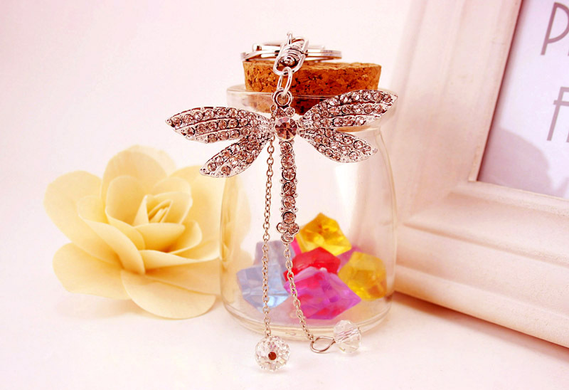 26g Weight Alloy, Metal Material Animal Pattern Unisex Gender Gold, Silver Color Creative Crystal Diamond Dragonfly Keychain 7