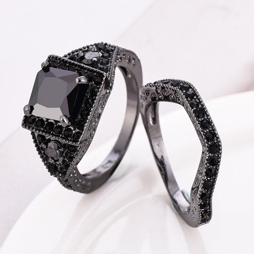 黑色锆石情侣戒指欧美时尚女指环黑金黑套对戒指首饰批发