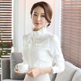 韩版春装新款白衬衫女长袖韩版立领木耳边修身白衬衣职业OL雪纺衫
