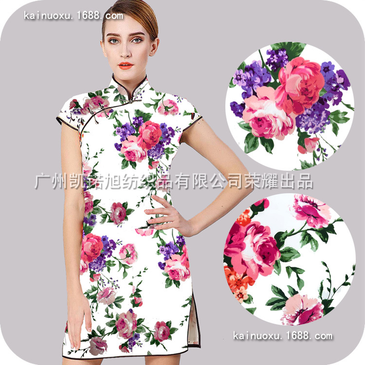 缎纹活性弹力印花布牡丹花扎染连衣裙面料旗袍童装亲子舒适