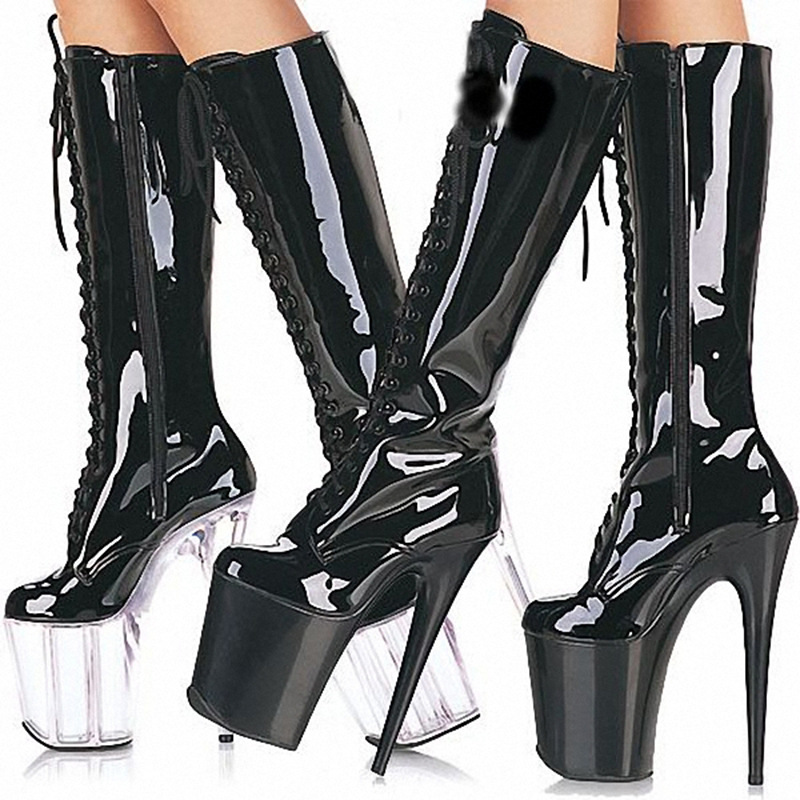 Europa y América 20CM stiletto tacón alto delantero botas de charol botas de tacón alto zapatos de baile zapatos del club nocturno