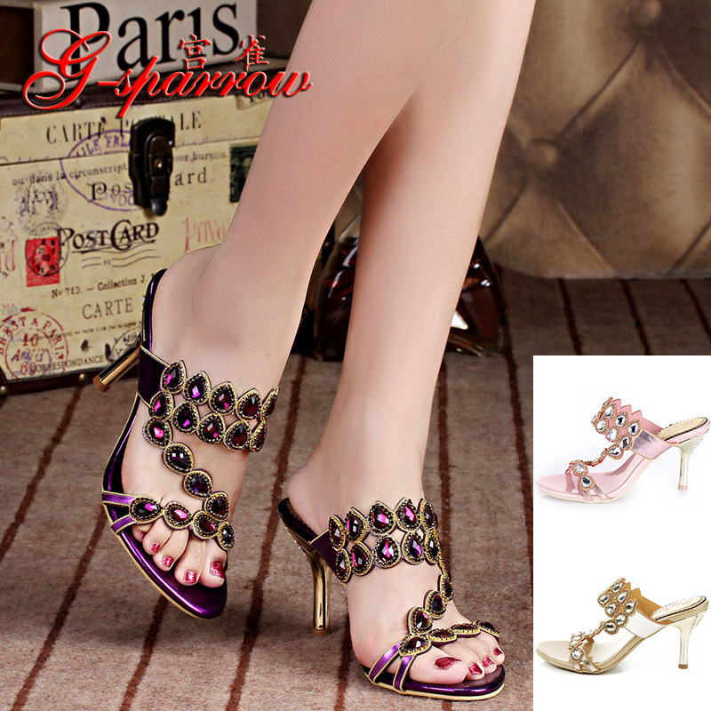 2020 Women's Thin High-Heeled Rhinestone Hollow-Out Korean-Style Large-Size Sandals, Comfortable Versatile Thick-Soled Women's Shoes