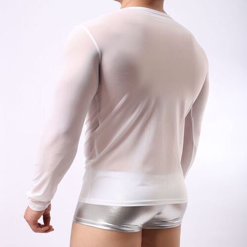 Men's tight-fitting white black mesh tops long-sleeved breathable round neck slimming sexy net gauze men's corset