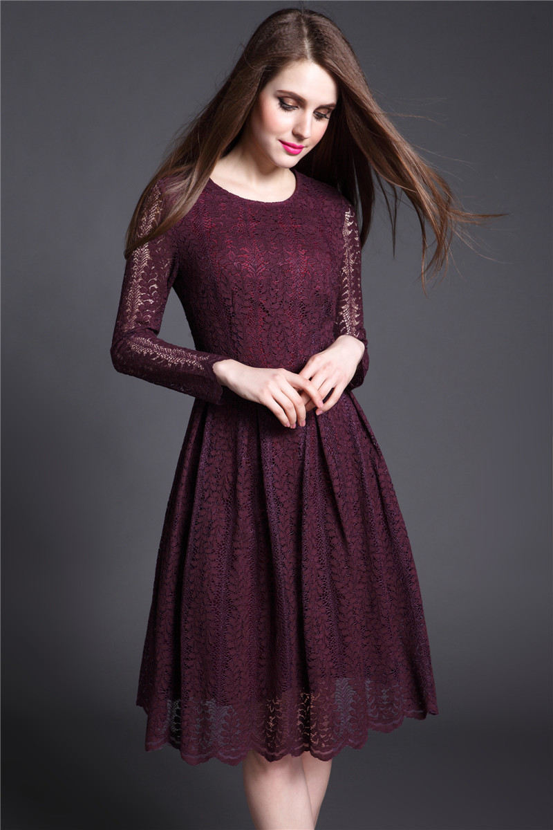 蕾丝连衣裙_2016新款女士长袖蕾丝连衣裙厂家