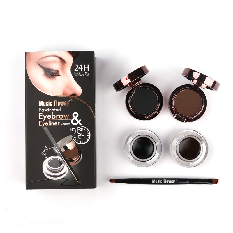 Music Flower Eyeliner & Augenbrauenpuder 4-in-1 Set | Wasserfest, Wischfest | Schwarz & Braun | Inkl. Pinsel & Spiegel | 2er Pack