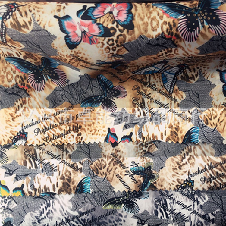 厂家直销 印花色丁布料 服装面料 外贸批发涤纶布 蝴蝶花型