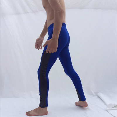 藍色男女通用拼皮彈力緊身打底褲束身褲 無凸檔