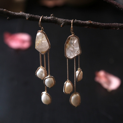 日韓手工設計  粉水晶 天然異形珍珠 流蘇款大氣別致耳墜耳環批發