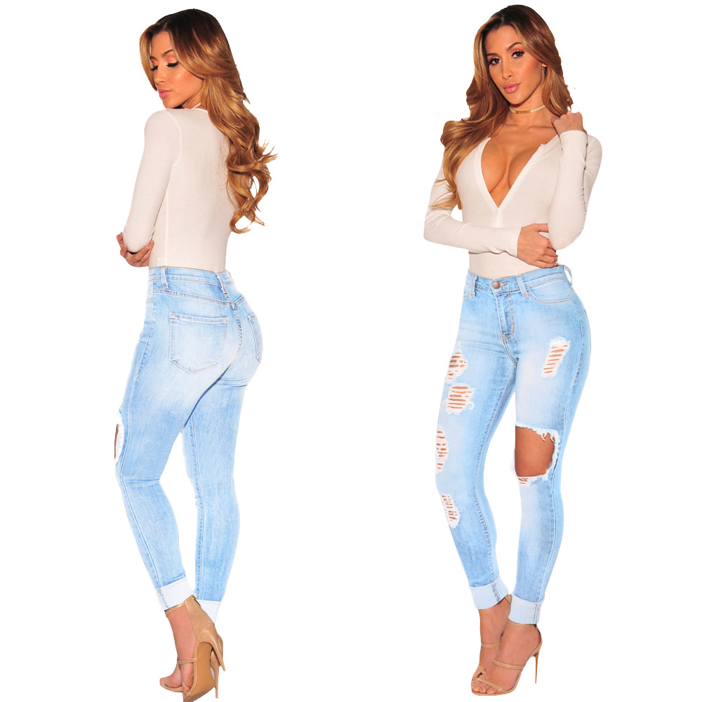 High Waist Ripped Slim Casual Jeans NSYB65153