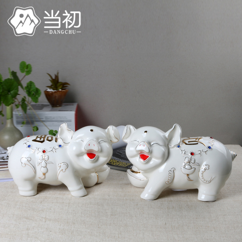 猪储钱罐创意陶瓷工艺品储蓄罐 福财对猪发财猪陶瓷罐家居摆件