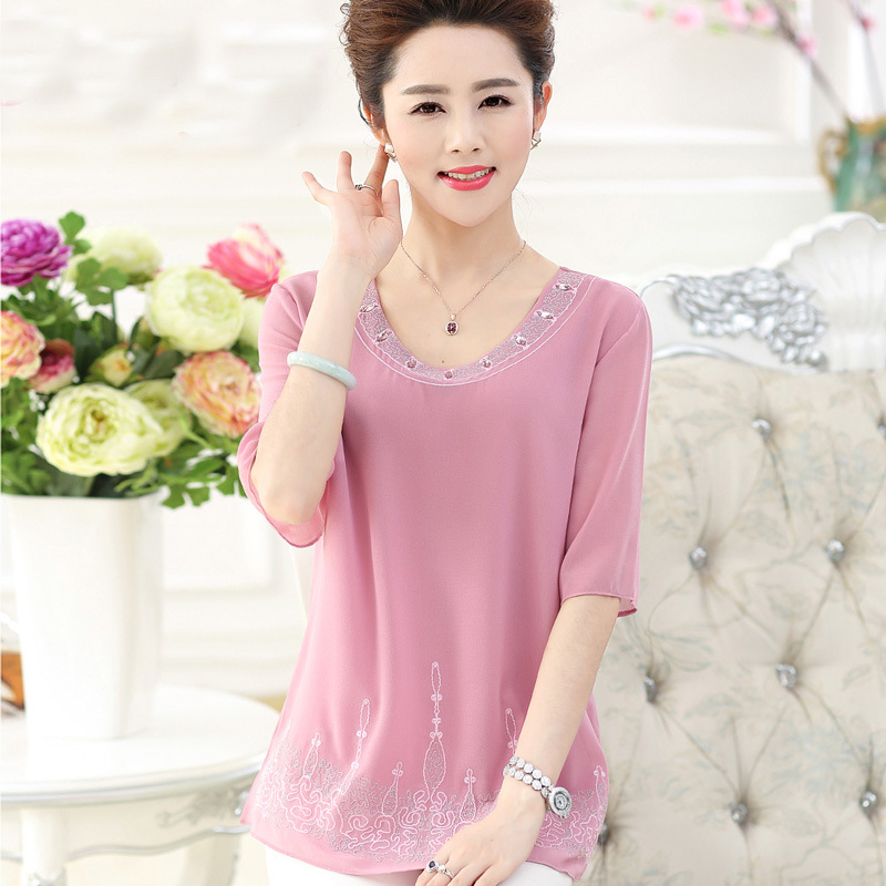 妈妈装上衣夏装中老年女装中袖打底衫40-50岁60短袖雪纺衫T恤衣服|ru