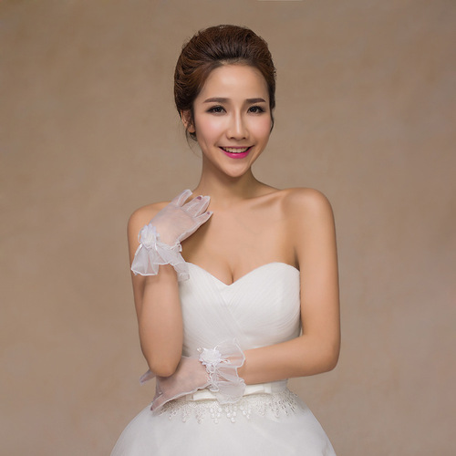 Wedding gloves wedding ceremony white bridal gloves performance photo small chrysanthemum short mesh gloves champagne 1006